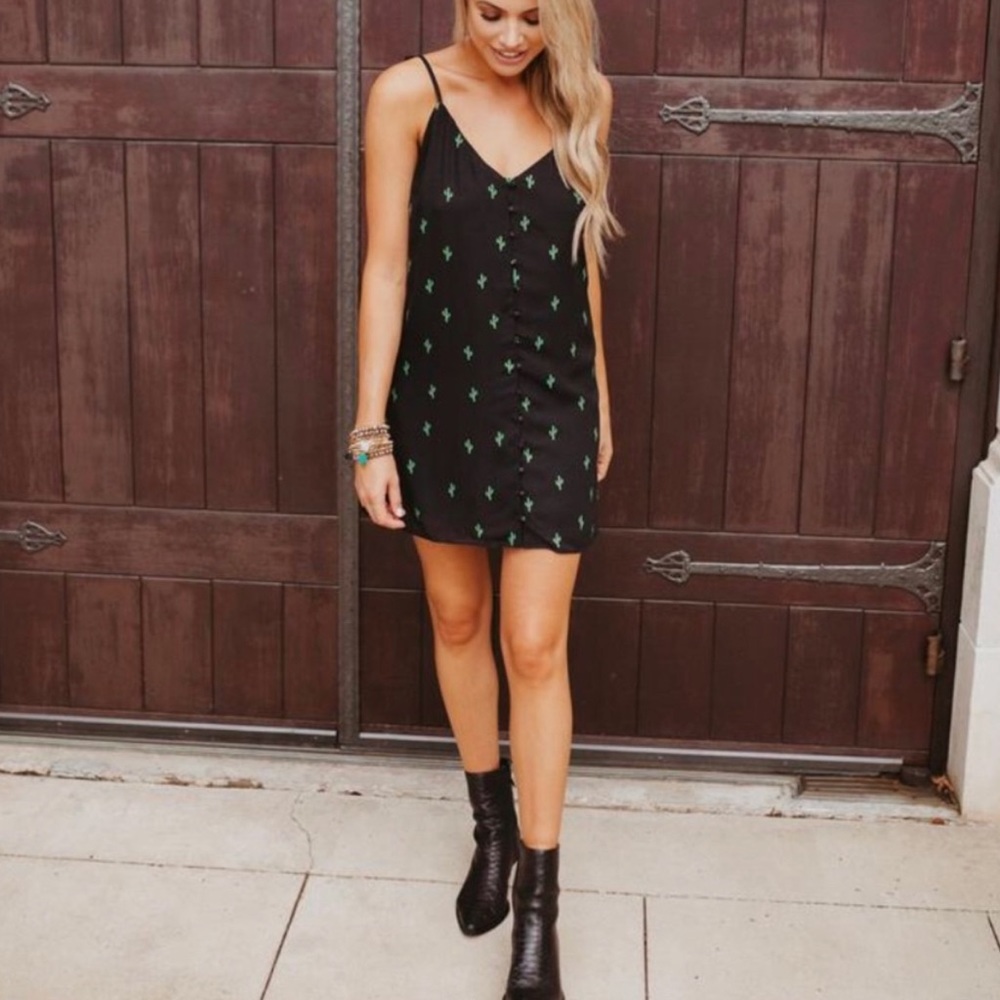 NWT Buddy Love Haven Black Mini Dress w/ Green Cactus Print Size Small